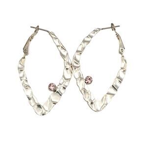 Hoop Earrings Silver Tone Elongated Hammered Metal Pink Rhinestone Pierced Ears